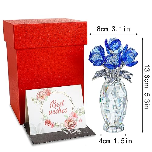 H&D HYALINE & DORA Blue Crystal Rose Flower Paperweight,Glass Flower Gifts for Women Girl Wife,Crystal Flowers Bouquet Collectible for Christmas Day Wedding Anniversary - color: Blue 2