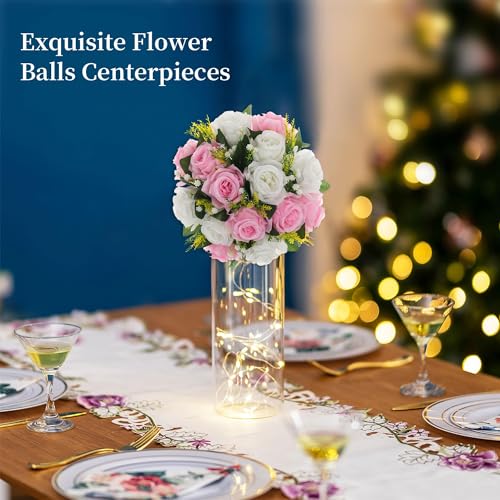BLOSMON Flower Balls Wedding Centerpieces: 10 Pcs Pink White Fake Roses | 9.5 Inch Artificial Kissing Floral Balls Arrangements - Faux Flower Bouquet with Base for Home Party DIY Decorations - color: Pink & White