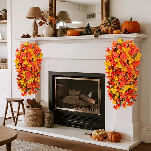 INXUGAO 2 pcs Artificial Faux Bougainvillea Fall Flowers Plants for Outdoor Outside Decoration, Fake Silk UV Resistant Long Trailing Vines for Front Door Porch Planter Balcony Decor - color: Orange Yellow