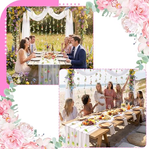 6 Pcs 35.4 Inch Artificial Wildflower Garlands with 3 Pcs 10 Ft Wedding Tulle Table Runner Wildflower Vines Floral Table Runner Garlands for Wedding Bridal Shower Spring Tea Party - style: Small Flower