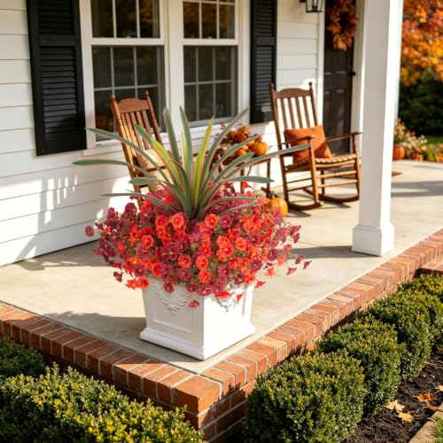INXUGAO 13 Pcs Artificial Fall Flowers for Outdoors Fake Plant Autumn Decor | 12 Bundles Silk Morning Glory + Orchid Leaf UV Resistant Faux Flowers for Porch Planter Garden Patio Decor (Brown Orange) - color: Brown & Orange
