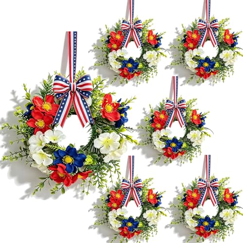 6 Pcs Small 4th of July Hanging Wreaths for Cabinets with Red Blue White Daisy Blooms Artificial Mini Independence Day Candle Holder Wreath with Eucalyptus for Patriotic Memorial Day Porch Front Door - color: Patriotic-7