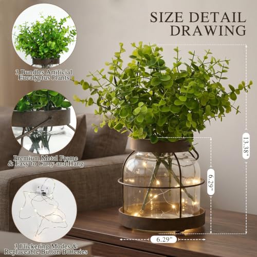 Rustic Farmhouse Table Centerpiece with Artificial Eucalyptus & Fairy Lights, Glass Vase in Metal Lantern Frame, Battery Operated Ambient Decor for Living Room & Kitchen, 13.4" Tall - color: Vase+eucalyptus+light