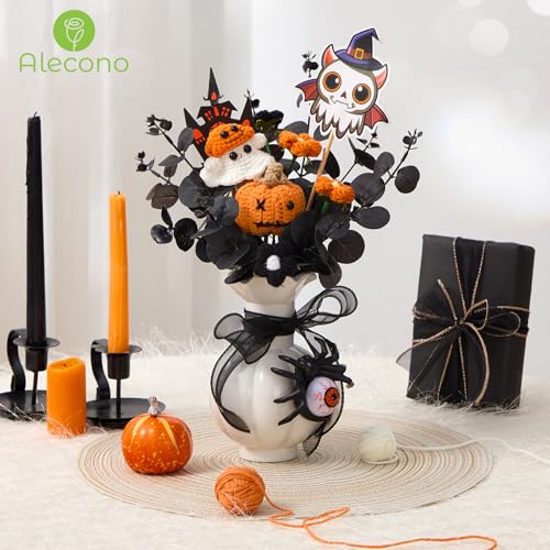 Alecono Crochet Flower Bouquet, Halloween Knitted Flowers, Black Handmade Pumpkin Bouquet of Flowers for Kids Baby Festival Gifts (Include Card) - color: Halloween