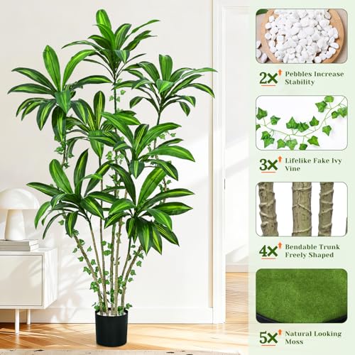 Dolicer 6FT Tall Look Real Artificial Dracaena Tree Indoor with Black Planter, Realistic Artificial Fake Faux Indoor Plants with Natural Trunk and Lifelike Leaves for Home Office Living Room - size: 6FT