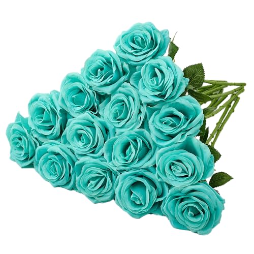 15pcs Fake Roses Artificial Silk Flowers Faux Rose Flower Long Stems Bouquet for Arrangement Wedding Centerpiece Party Home Kitchen Decor - color: 15pcs Tiffany