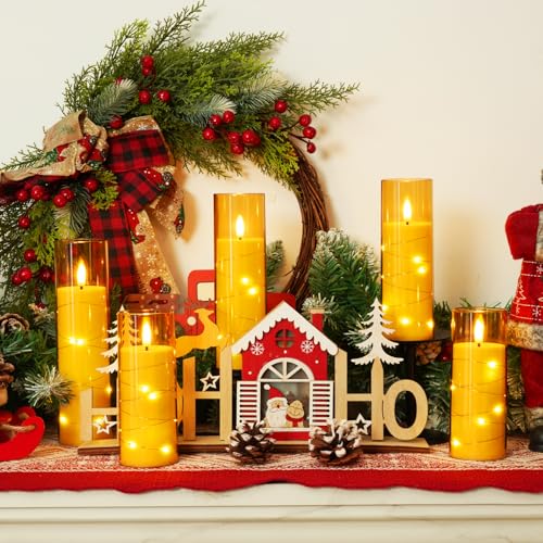 Homemory Flameless LED Candle with Embedded Star String Lights, Fake Candles with Remote Control & Timer, Battery Operated Candles, Amber, Set of 5 - color: Gold-5pcs, size: 5pcs, D2.2"x H5"5"6"7"8"
