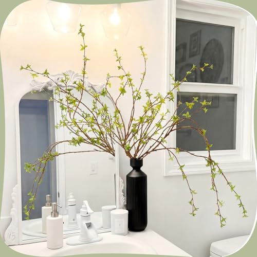 Zeyune 6 Pcs Artificial Branches with Green Buds Evergreen Faux Plastic Plant Stem Picks Sprigs for Vase DIY Home Office Wedding Party Indoor and Outdoor Spring Decor, No Vase (Green, Tender Buds) - color: Green, size: Tender Buds