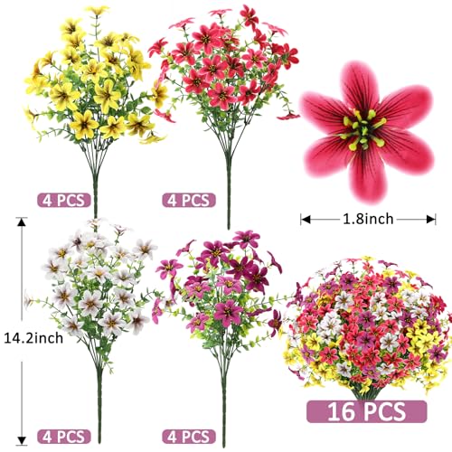 16 Bundles Artificial Flowers for Outdoors, UV Resistant Fake Flowers for Spring Outdoor Decor, Faux Flowers for Garden Front Porch Patio Window Decor, Silk Flowers for Home Decor, Mixed-Color