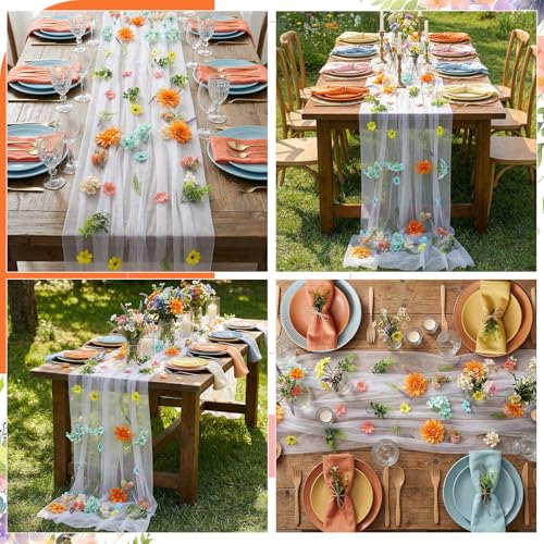 6 Pcs 35.4 Inch Artificial Pastel Flower Garlands with 3 Pcs 10 Ft Wedding Tulle Table Runner Wildflower Vines Floral Table Runner Garlands for Wedding Bridal Shower Spring Tea Party - style: Vibrant Wildflower