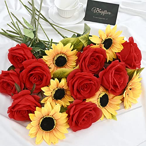 Waipfaru 16 Pcs Fake Roses Sunflowers Artificial Flowers Bulk, Silk Red Roses Yellow Flowers Artificial with Long Stems for Outdoors Wedding Bouquet Vase Flower Arrangement Decoration - color: C-red Rose & Sunflower, size: 16 Pcs