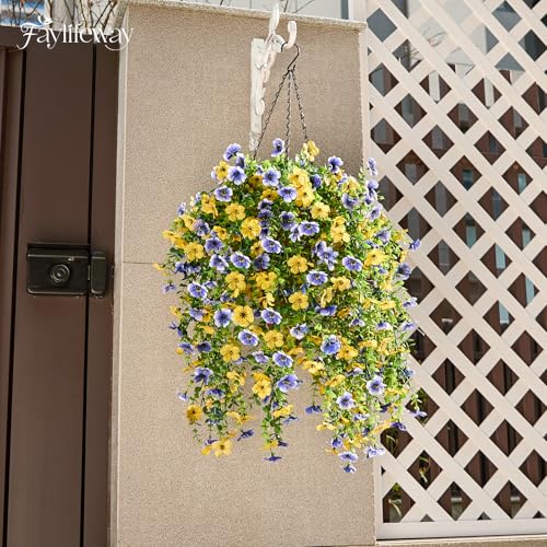 Artificial Hanging Flowers for Outdoors Spring Summer Decoration, 4PCS UV Resistant Silk Fake Hanging Plants for Patio Porch Front Yard Window Garden Indoor Decor(Blue&Yellow,4PCS) - color: Blue&yellow, size: 4PCS