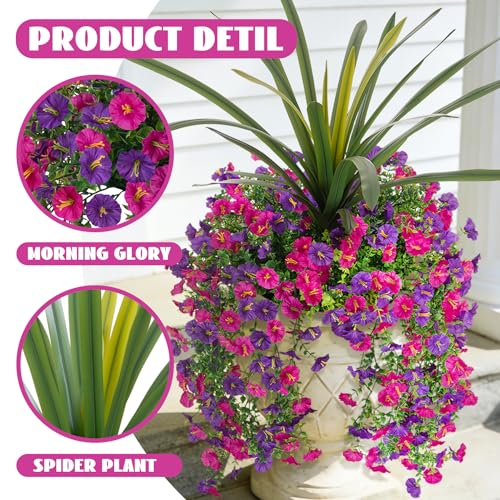 3 Bundles Fake Artificial Morning Glory Flowers for Outdoors, 1 Bundles Faux Greenery Plants UV Resistant Weatherproof for Indoor Outdoor Garden Patio Window Box Home Decor - color: Dark Purple,light Purple