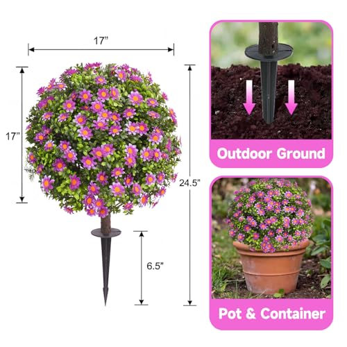 24" Artificial Purple Daisy Topiary Ball Trees with Dense Blooms, Set of 2 Fake Plants with Ground Spike, UV Resistant Faux Evergreen Shrubs for Outdoor Spring Garden Front Porch Decor - color: Purple Daisy