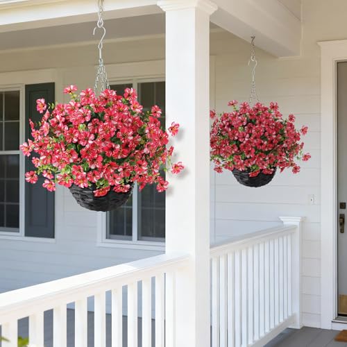 Artificial Flower & Eucalyptus with Hanging Basket - 2PCS Faux UV Sun Resistant Morning Glory in Planter, Fake Colorful Silk Flowers for Spring Summer Porch Patio Balcony Yard Decor (Rose Red) - color: Rose Red