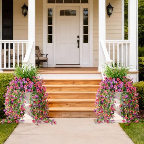 Artificial Hanging Flowers for Outdoors with Wheat Grass, 5 Pcs Fake Hanging Plants for Spring Decor, UV Resistant Faux Silk Flower Greenry for Planter Porch Patio Yard Garden(Purple Hot Pink) - color: Z Purple Hot Pink With Grass