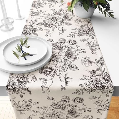 JarThenaAMCS Black Floral Birds Table Runner Vintage Flower Kitchen Dining Table Decoration Table Cover for Indoor Outdoor Home Party Supplies, 13 x 72 Inch