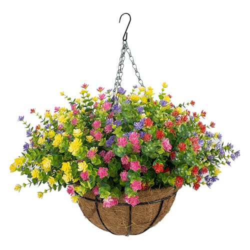 NETAP Artificial Hanging Flowers Basket for Outdoor, 16 Fake Flowers Look Real UV Resistant, Faux Hanging Plants for Porch, Balcony, Patio, Garden, Spring Summer Decor,MixB - color: Mixb