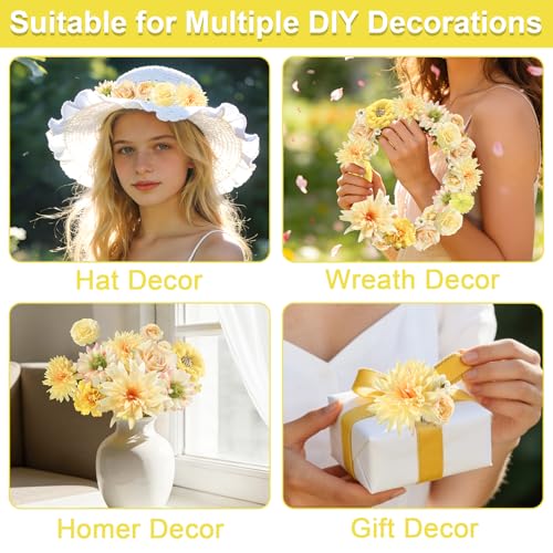 Fake Flowers Heads Bulk Yellow Mini Artificial Silk Flower for Crafts, Small Artificial Daisy Roses Faux Flowers for Graduation Cap DIY Cake Wedding Party Home Garland Decoration - color: Yellow
