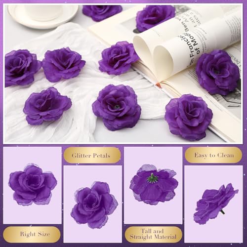Yunlly 100 Pcs Artificial Flowers Fake Silk Roses Long Stem Rose Bouquet Wedding Party Home Decor for DIY Baby Shower Centerpieces Tables Home Decorations(Purple) - color: Purple