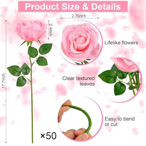 Ouddy Decor 50 Pcs Fake Roses Artificial Flowers Bulk Real Touch Velvet Silk Flowers with Long Stems for Wedding Bridal Bouquet DIY Table Centerpiece Mothers Day Valentines Gifts Home Decor, Pink - color: Pink, size: 50 Packs
