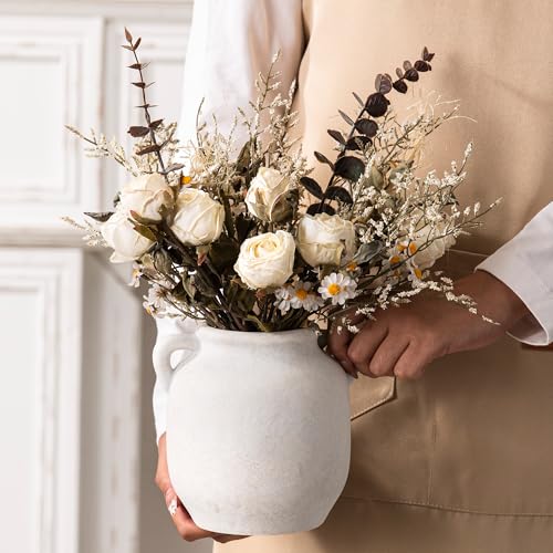 Ceramic Flower Vase Home Decor - 6 Inch Farmhouse Rustic White Table Vases with Handle Living Room Decoration Decorative Vintage Pottery for Kitchen Shelf Coffee Dining Desk Bookshelf Fireplace - color: A-6" Rustic