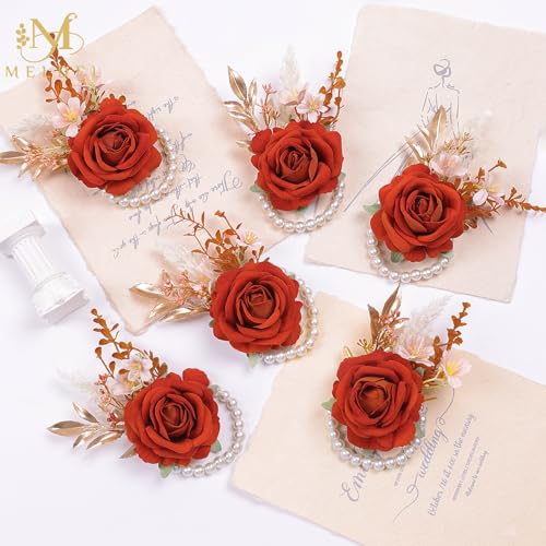 Orange Velvet Rose Wrist Corsage, Set of 6, Wedding Bridal Flower Corsage Hand Decor for Prom Party Homecoming, Wristband Flowers Bride, Bridesmaid, Girl - color: 6pcs Orange Wrist Corsages