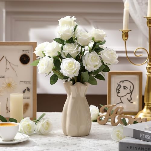 Thiccywoov 30 Pcs Rose Artificial Flowers in Bulk Lifelike Long Stem Silk Roses Bouquets Realistic Faux Flowers for Wedding Bridal Shower Home Decor Floral Arrangements Table Centerpiece(White) - color: White
