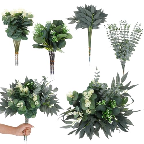 100 Pcs 4Kinds Artificial Mixed Eucalyptus Stems Leaves Bulk Fake Greenery Silver Dollar Eucalyptus Leaves Bundle Faux Greenery for Centerpieces Artificial Greenery for DIY Vase Home Decor Wedding