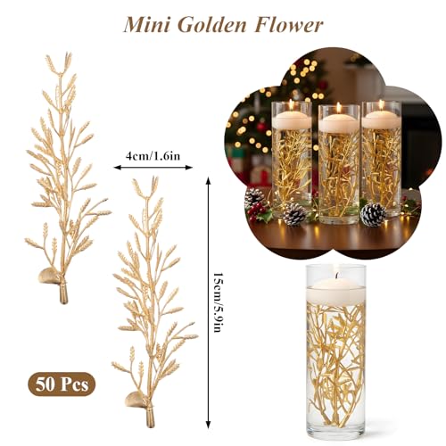 50 Pcs Faux Flowers for Floating Candles Floating Flowers for Centerpiece Vase Mini Flower Filler Filling in Cylinder for Wedding Dinning Table Party Home Bar Restaurant Decoration, 6 Inch (Gold)