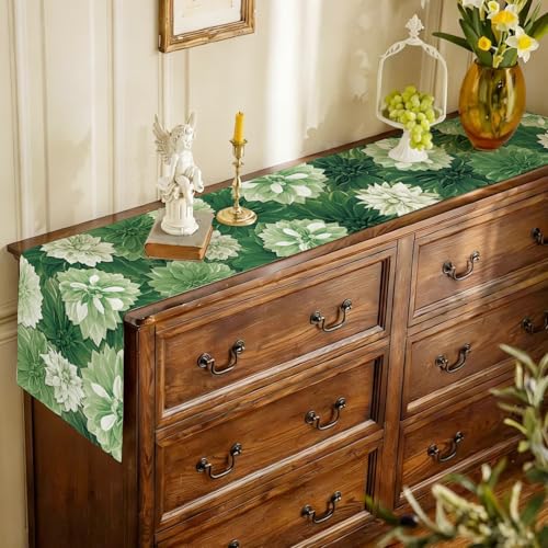 Green Dahlia Flower Summer Table Runner Sage Green Burlap Table Runners, Spring Elegant Floral Seasonal Coffee Table Center Decor for Home Kitchen Dining Party Indoor Outdoor 13x90 Inch - color: Green, size: 13" x 90", Table Runner