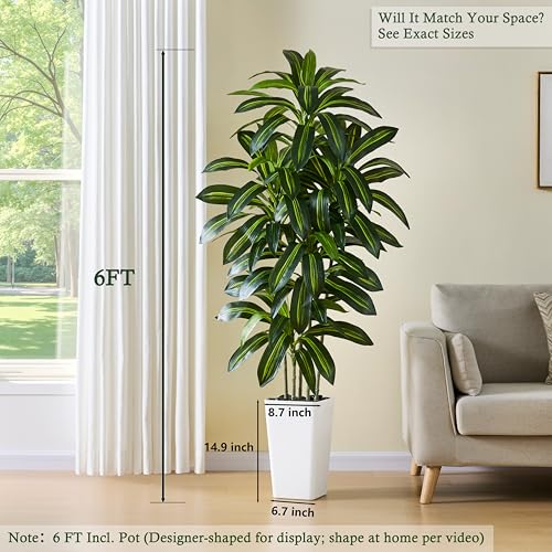 Artificial Dracaena Tree：6FT Faux Silk Tropical Yucca Floor Trees Realistic Fake Green Plant with Natural Wood Trunk & Lifelike Leaves for Home Office Decor Indoor & Outdoor (6FT,1-Pack,White) - color: Dark Green – White Pot, size: 6FT