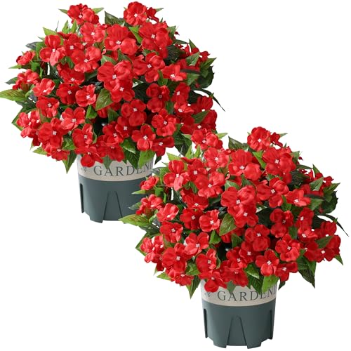 Artificial Flowers for Outdoors, 2 Set Fake Potted Flowers 12 Bundles UV Resistant Realistic Silk Faux Impatiens with Pot for Outside Balcony Garden Window Box, Red - color: Impatiens-red