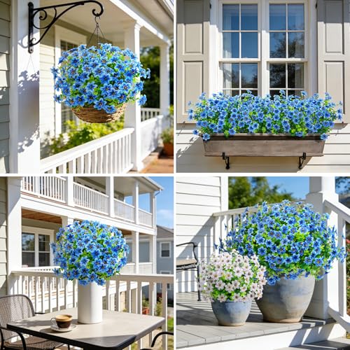 20 Bundles Artificial Flowers for Outdoors, Fake Silk Flowers UV Resistant Faux Realistic Plastic Plants for Spring Summer Porch Patio Garden Planter Window Box Home Decor, Blue - color: Blue