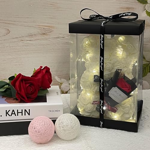 Romantic Valentines Day Gift for Her, Artificial Flowers Bouquet Necklace Rose Teddy Bear with Real Pearl Blind Box Birthday Gift, Valentiness Day Gift for Monther Wife Girl (White) - color: White