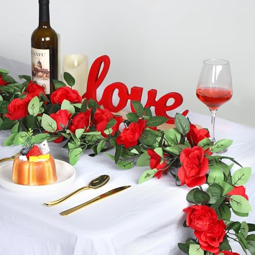 Aneco 12 Pack 96 FT Red Flower Garland Kentucky Artificial Rose Vines Derby Roses Fake Vine Flowers Plants Party Supplies for Kentucky Holiday Wedding Garden Craft Art Decoration - color: Red