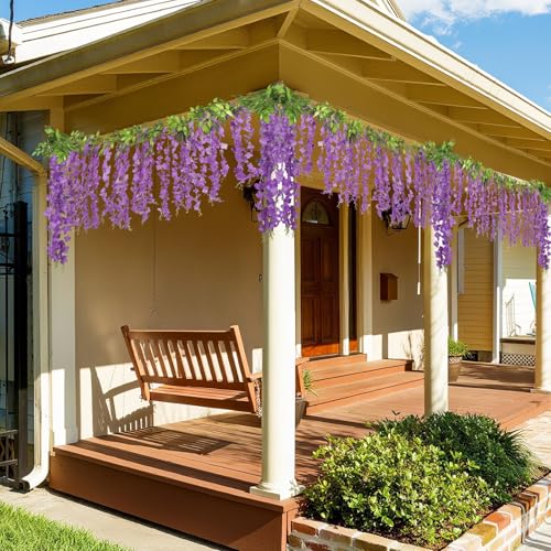 ARTKAIKE Artificial Flowers Garland for Home Decor, Fake Wisteria Vine Silk Hanging Plant Flower for Room Bathroom Wall Kitchen Bedroom Garden Outdoor Wedding Decor (4, Purple) - color: Purple