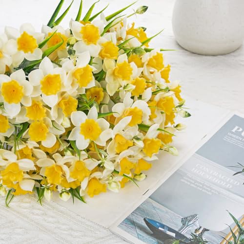 6 Bundles Daffodils Artificial Flowers, 14.2" Faux Daffodils with 90 Flower Heads Real Touch Fake Spring Flower White & Yellow Decorative Flowers Bouquet for Home Wedding Centerpieces Vase Arrangement - color: White, size: 6 Bundles-14.2 Inch