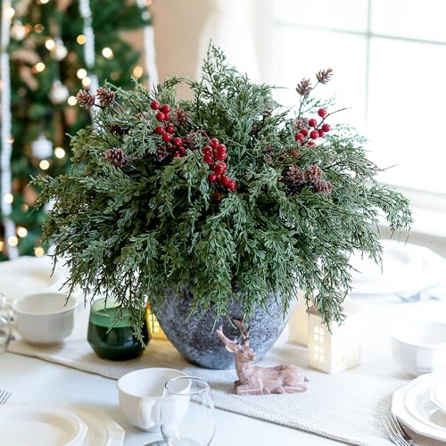 Faux Cedar Stems Artificial Norfolk Pine Branches for Christmas Decorations, 17 PCS Faux Pine Stems with Pinecones Red Berries Branches Realistic Faux Greenery for Vases DIY Garland Xmas Table Indoor - color: 12 Pcs Cedar Stems, 3 Pcs Red Berry Stems, 2 P