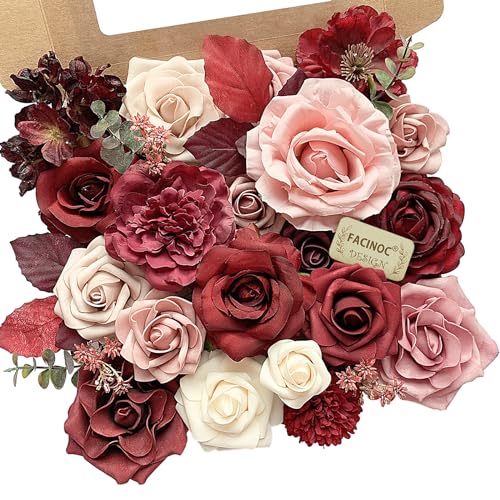 FACINOC Rose Artificial Flowers Burgundy Fake Flower Bulk for DIY Wedding Bouquets Bridal Baby Shower Centerpiece Table Decorations Silk Faux Floral Arrangements for Party Home Decor Indoor Red Mauve - color: Burgundy, Dusty, Mauve