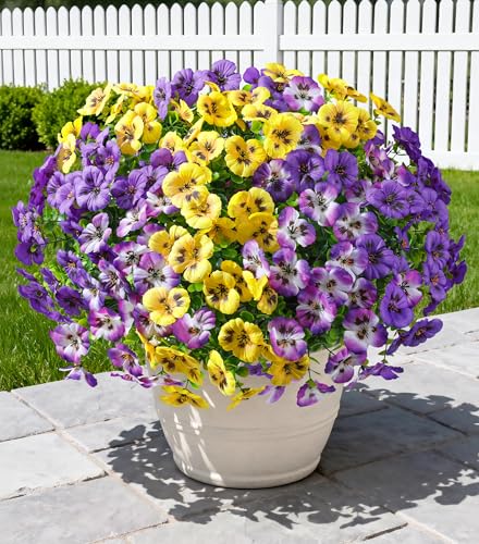 Ivydale 20PCS Artificial Fake Pansy Flowers for Outdoors Spring Summer Decor,Faux Silk Pansies UV Resistant Plants for Front Door Porch Yard Patio Window Box Home Decor(Purple Yellow Gradient Purple) - color: Purple Yellow Gradient Purple