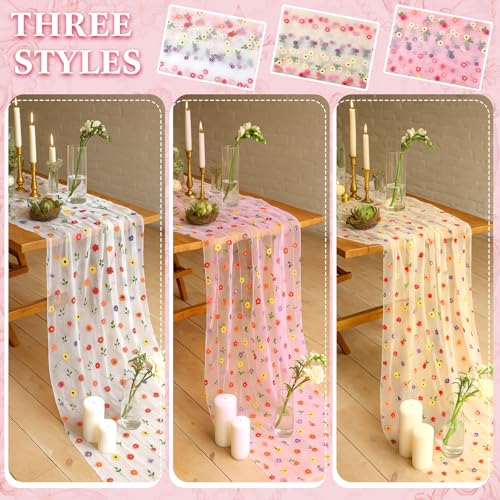 6 Pcs Embroidery Daisy Tulle Table Runners Bohemian Country Florals Tulle Lace Table Runner 120 Inch 10 Ft White Champagne Pink Lace Fabric for Home Dining Wedding DIY Craft - style: Daisy