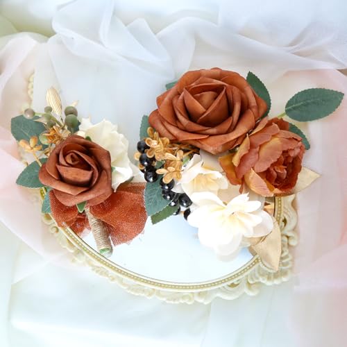 2Pcs Wedding Corsage and Boutonniere Set Orange Rose Corsage Wristlet and Boutonniere for Men Women Groom Bride Bridesmaid Groomsmen Wedding Party Accessory Prom Decoration (Orange) - color: Orange