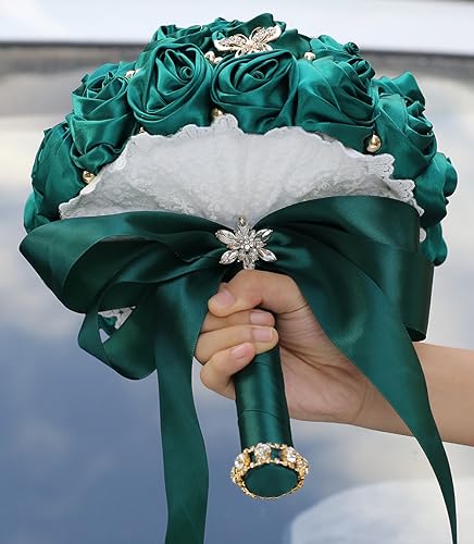 5.9" Mini Bridal Bouquet Handmade Satin Rose Round Wedding Bouquet Throw Toss Artificial Flower Bunch Dark Green - color: 809a Dark Green, size: 5.9"/15cm