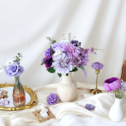 Dusty Purple Artificial Flowers Combo Box Set Silk Dahlia Roses with Stems Lilac Lavender DIY Bridal Wedding Bouquets Cake Top Fake Floral Arrangements Baby Shower Party Table Centerpieces Home Decor - color: Purple, Lilac