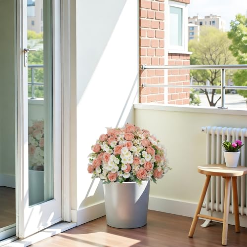 24" Artificial Potted Flowers for Outdoors Set of 2 - UV Resistant Faux Silk Peonies with Eucalyptus Plants in Cement Pots for Outside Front Porch Home Indoor Decor - color: Peach Blush, size: 24" Classic Peony