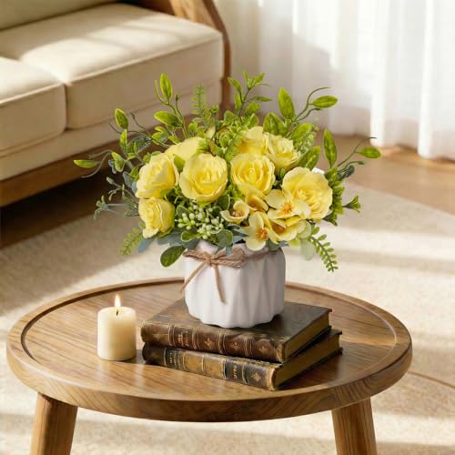 Yellow Artificial Silk Roses with Ceramic Vase, No Maintenance Faux Flower Arrangement, 6.3 Inch Realistic Table Decor for Home Office Wedding - color: Yellow