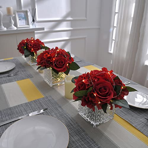 Fule Artificial Silk Rose Flower Centerpiece Arrangement in Glass Vase with LED Light for Home Wedding Decoration (Red) - color: Red