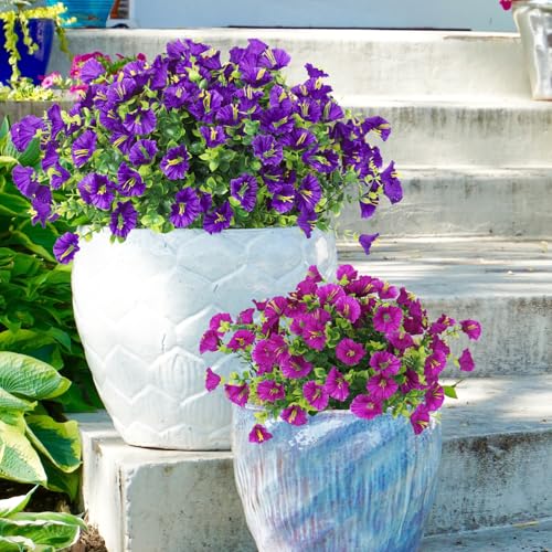 SJL Artificial Faux Outdoor Flowers Spring Summer Decoration 10 Bundles Fake Plastic Plants Artificial Morning Glory UV Resistant Flowers for Outside Front Porch Garden Backyard Decor(Purple) - color: Bundle Purple