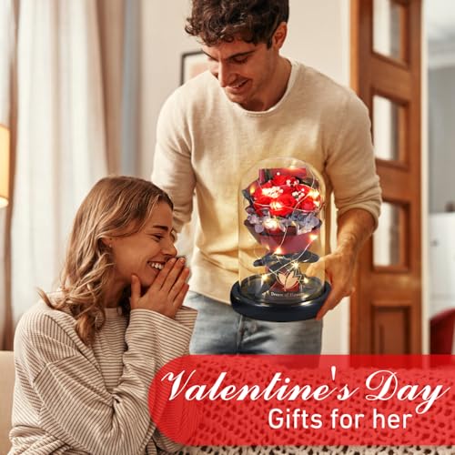 Dream of Flowers Eternal Beauty and the Beast Rose Bouquet - Mothers Day Rose Gifts for Mom, Grandma | Glass Dome Rose with 2 Light Modes, Sentimental Floral Gift, Birthday Gifts for Women - color: Classic Red Rose